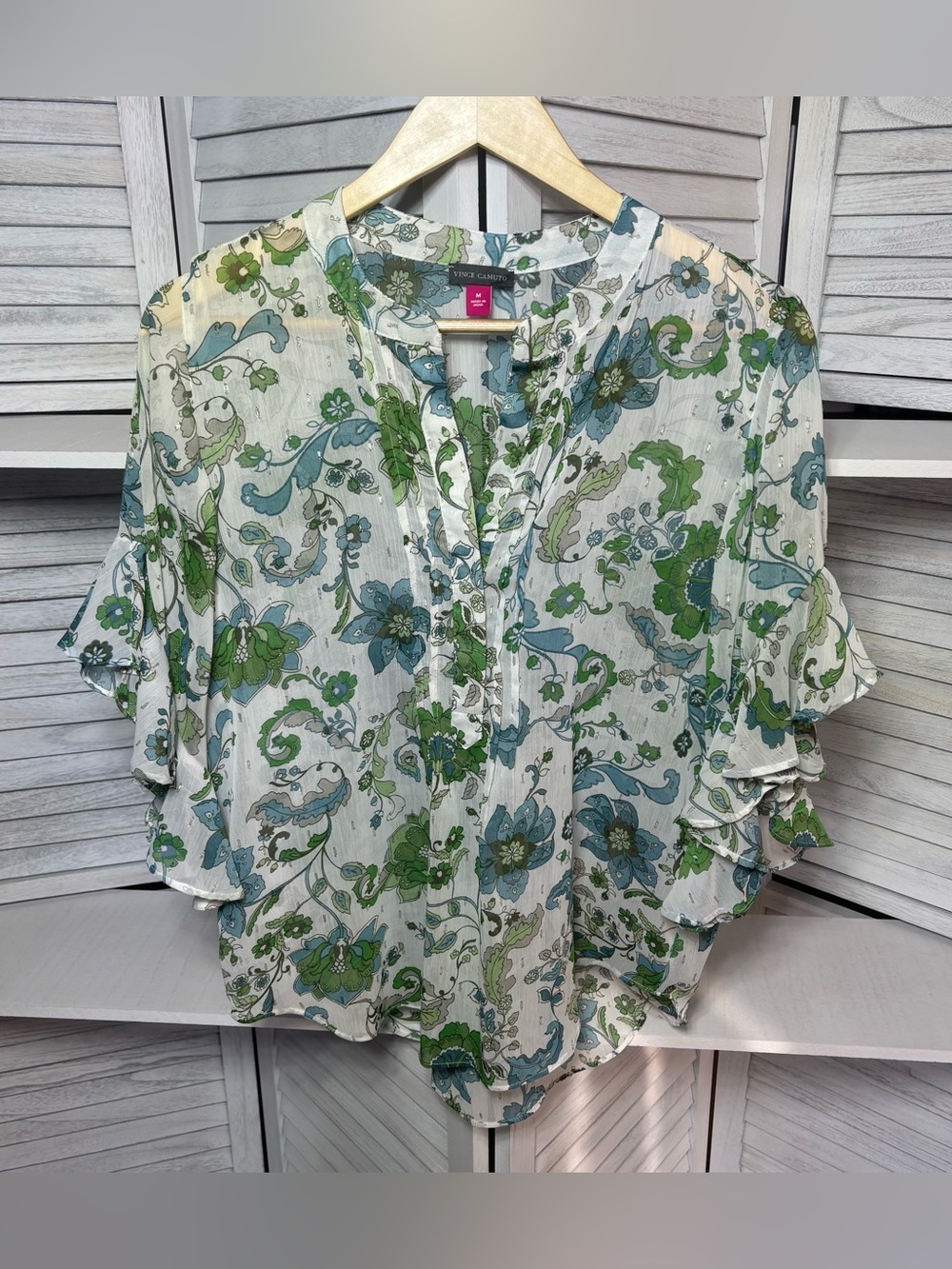 Vince Camuto Floral Metallic Ruffle Sleeve Blouse Size M